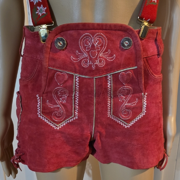 Red Suede Lederhosen With Edelweiss Suspenders